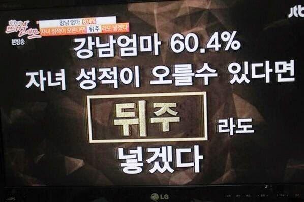 TV screen capture discussing attitudes of ‘Gangnam Moms’ towards education and academic pressure.