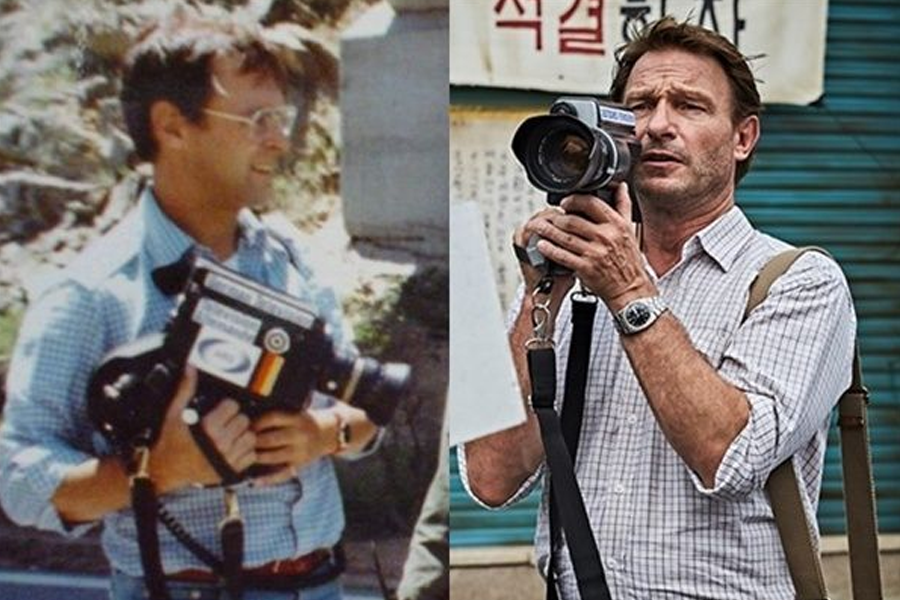 Photos of a journalist with a movie camera, documenting historical events in South Korea, significant during the Gwangju Uprising