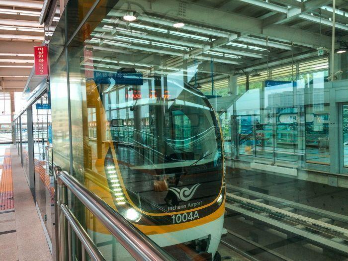 Incheon Airport Maglev train arriving at the station.