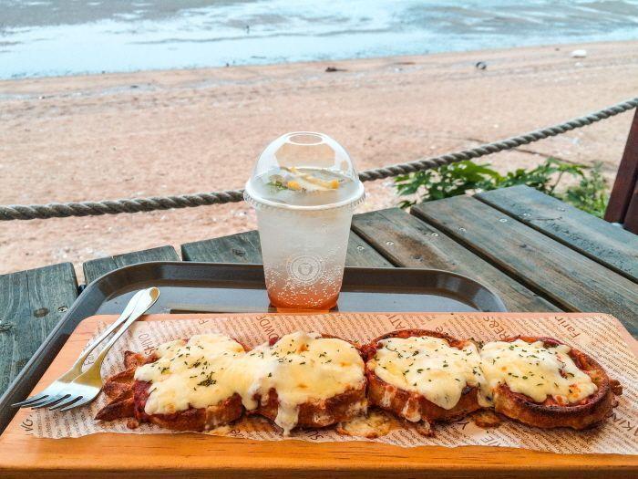 Close-up of a freshly prepared seafood dish from a seaside restaurant.