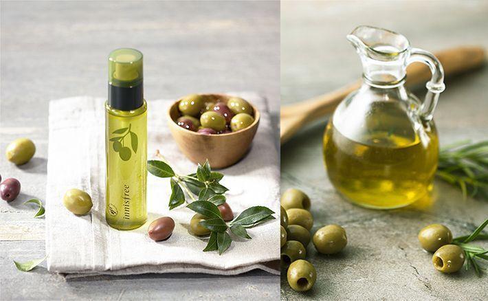 Innisfree橄榄喷雾与橄榄果的组合，强调自然成分与护肤效果。