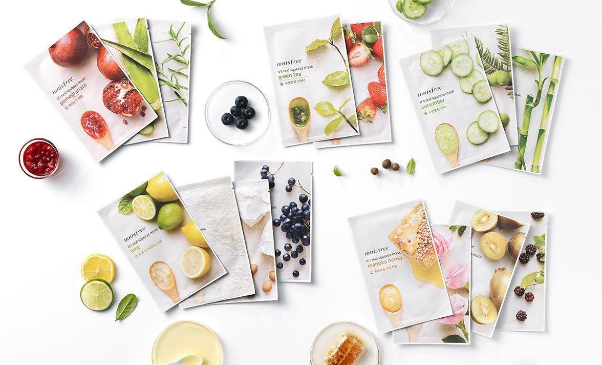 多款Innisfree面膜产品的集合图，展现丰富多样的护肤选择。