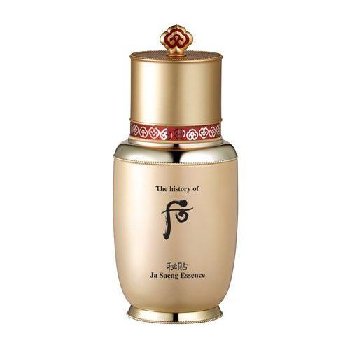 Close-up image of The History of Whoo Ja Saeng Essence bottle, showcasing elegant design and brand logo.
