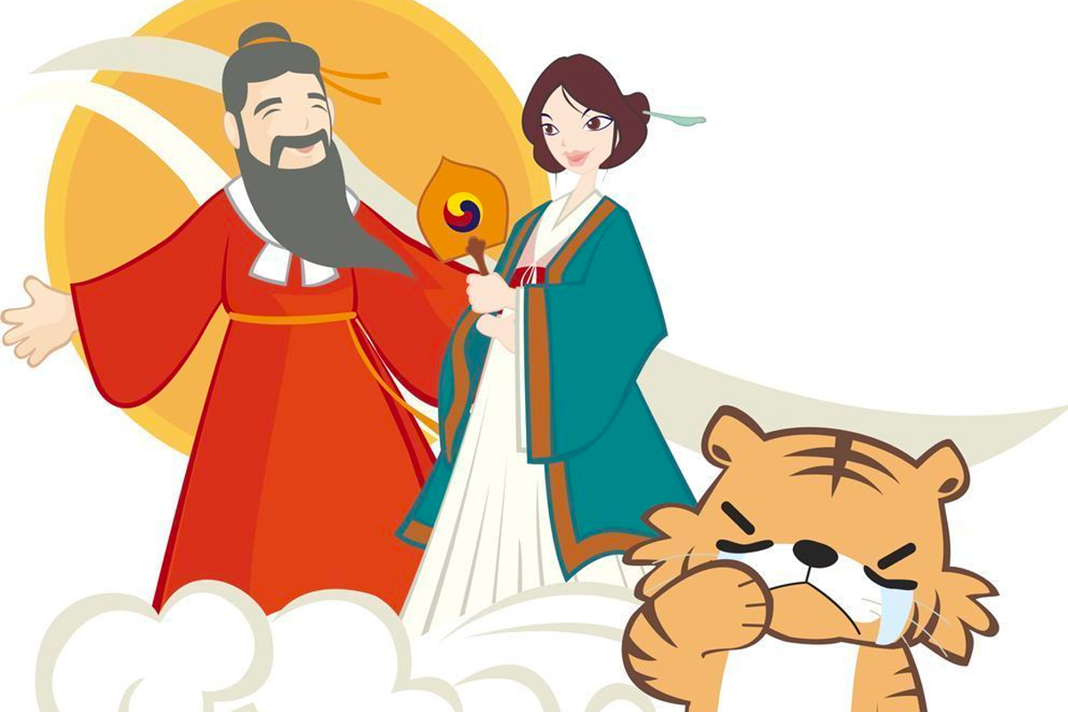 韓國開天節傳説的卡通畫面，展示桓雄和另一位身穿韓服的人物；旁邊是一隻可愛的老虎正在哭泣。