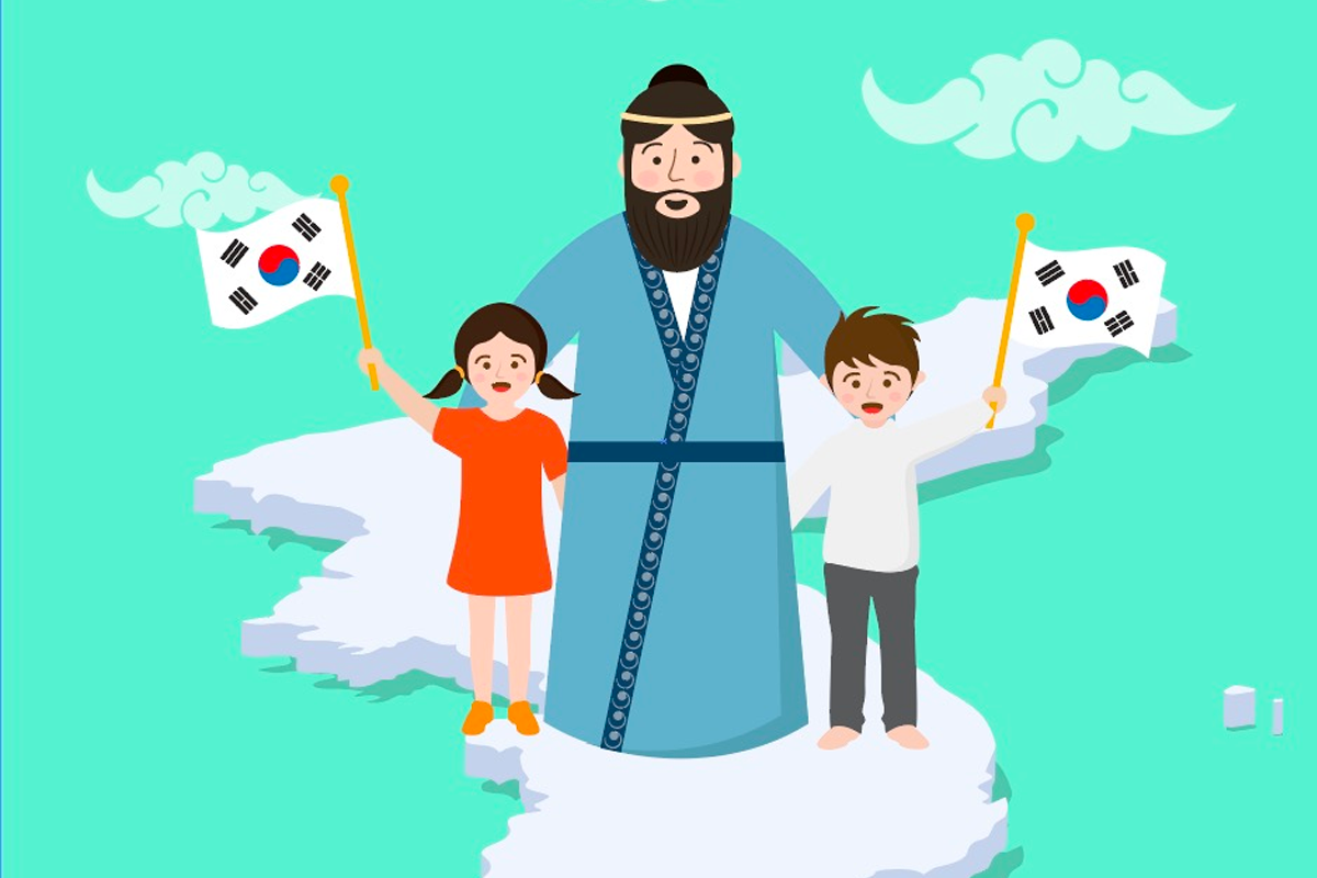 圖畫展示檀君與兩個韓國小孩在韓國地圖上的形象，各自手持韓國國旗。