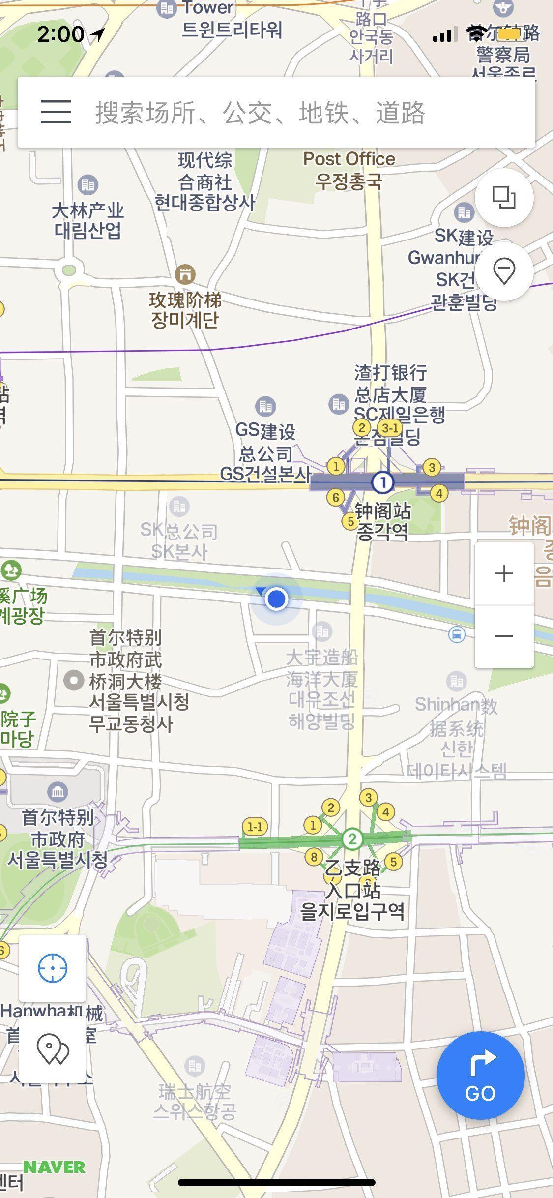 Interface of the Naver Map app in Korean showing search function.
