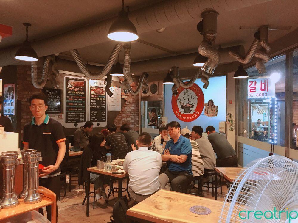 Interior view of Fatty Octopus restaurant in Myeongdong, showing tables and ventilation systems.