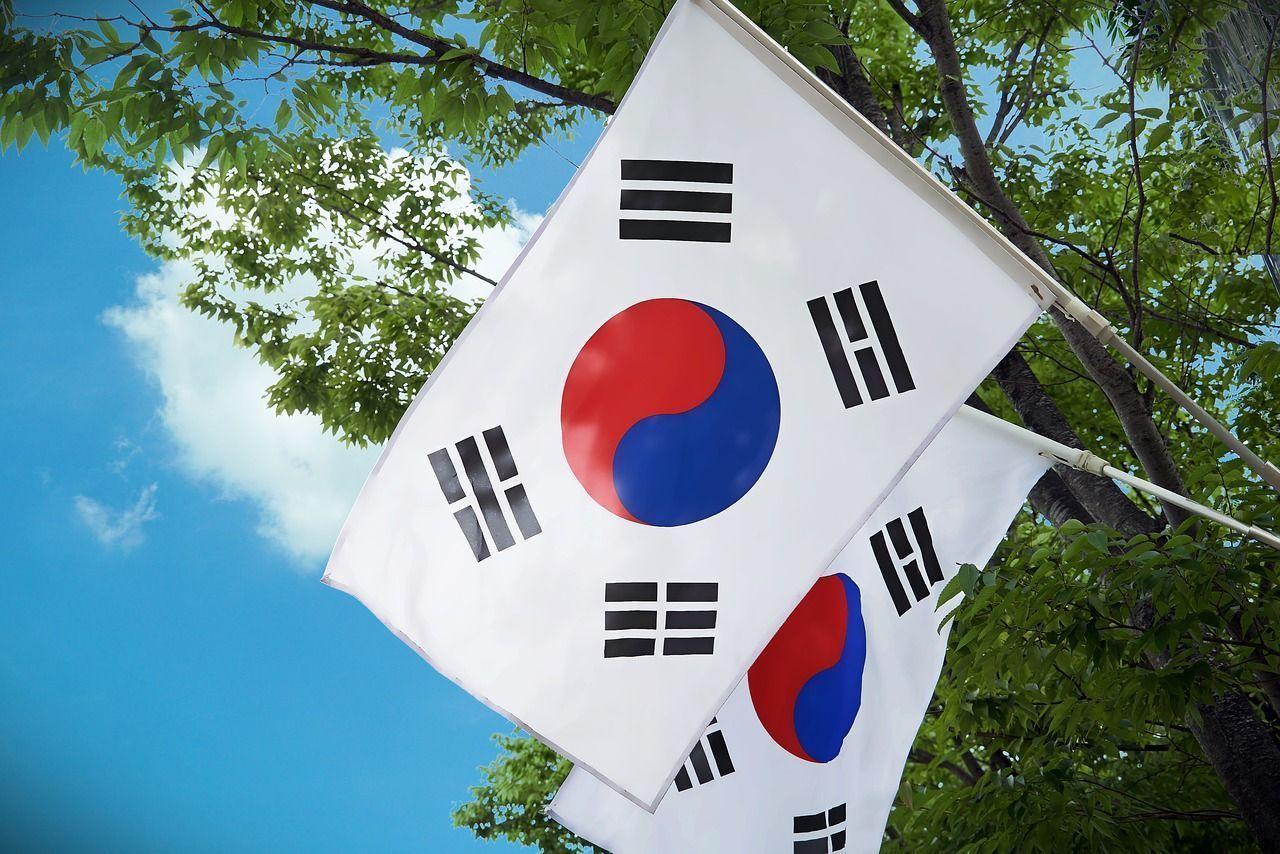 The South Korean flag, known as Taegukgi, waving under a bright blue sky with green trees, symbolizing the spirit of Korea.