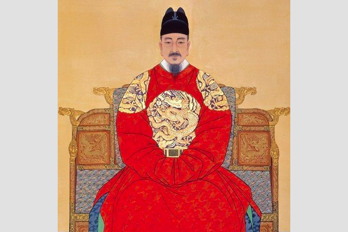 Illustration of King Sejong the Great in royal attire, a key figure in the history of the Korean language.