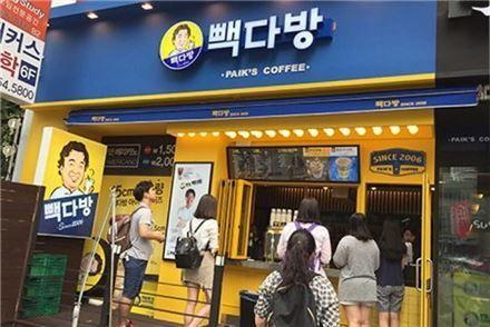 Paik's Coffee shop in Korea with customers, illustrating the popularity of takeaway coffee shops in Korea.
