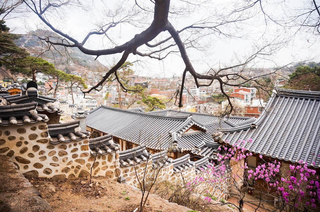 石坡亭的传统韩屋屋顶，在西村的自然风景中尽显朝鲜传统魅力。