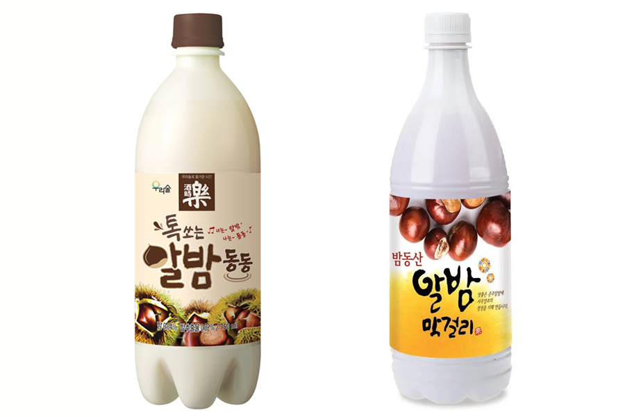 밤동산 알밤 막걸리 두 병. 밤 고유의 맛과 향을 즐길 수 있는 특별한 막걸리로, 달지 않고 고소하다.