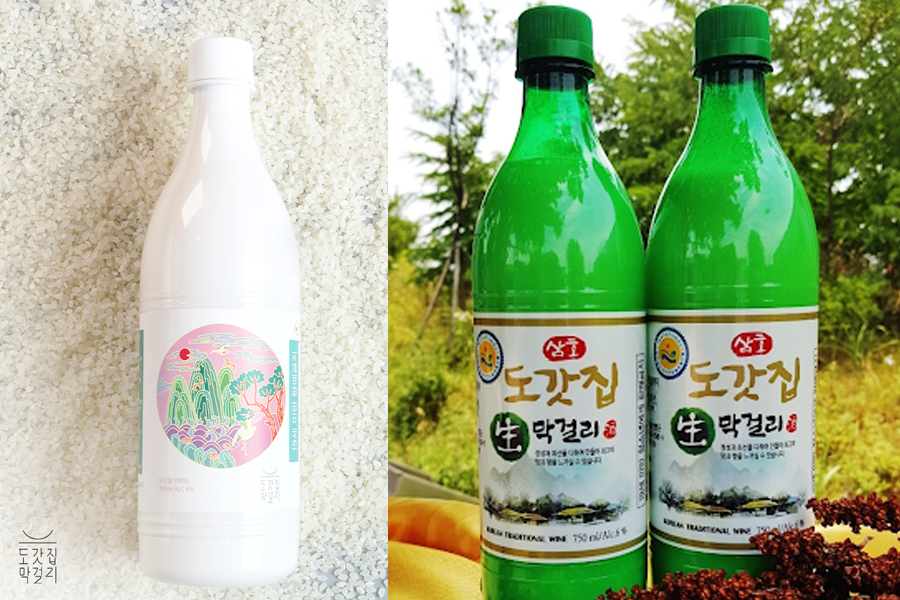 도갑집 생막걸리 병 두 개와 예술적인 라벨을 가진 병. 전통적인 방법으로 만들어져 맛이 깊고 진하다.