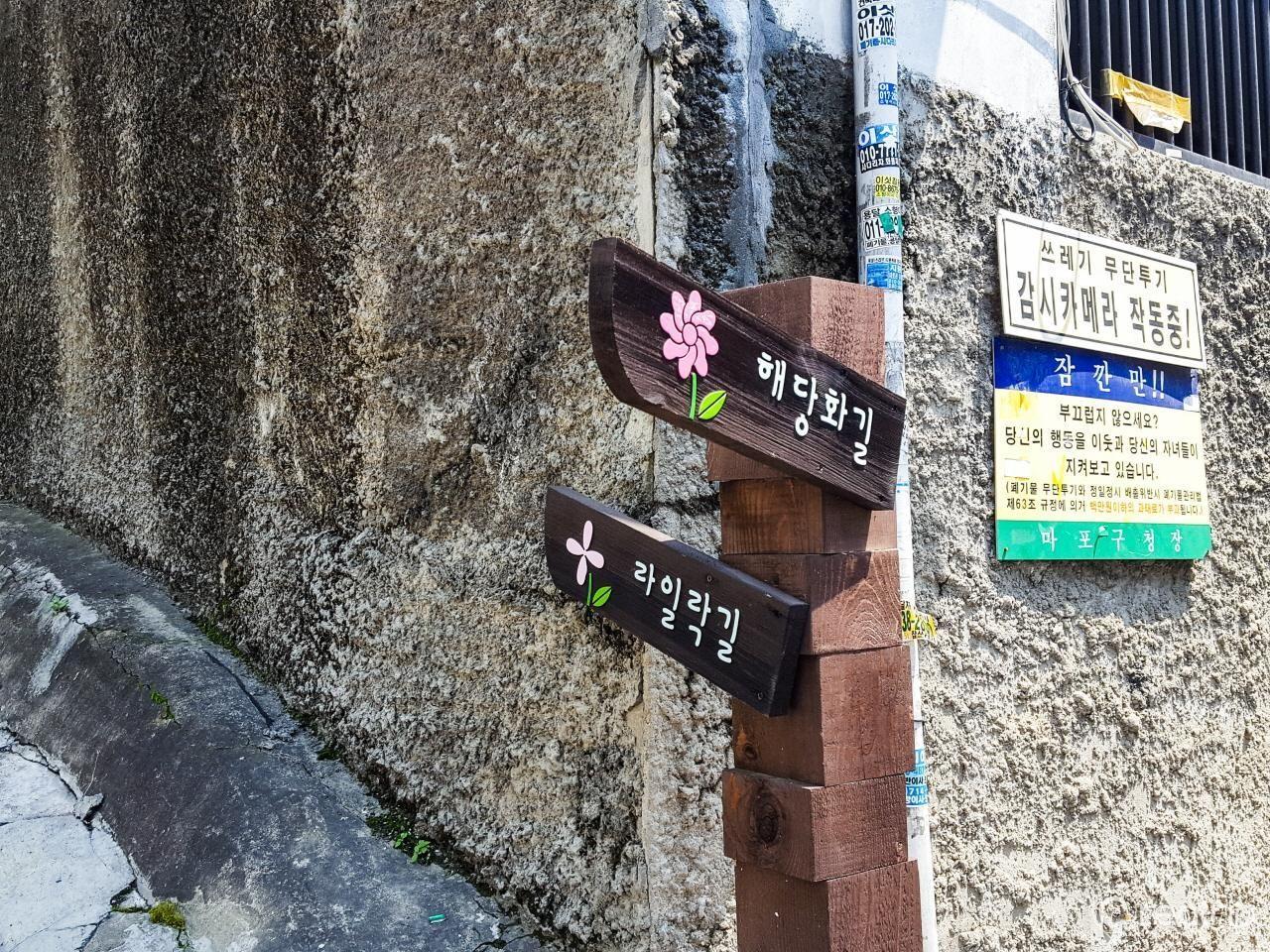 盐里洞的街道指示牌，标示着‘鹤塘花路’和‘莱尔路’以帮助游客找到东村和沿线的景点。