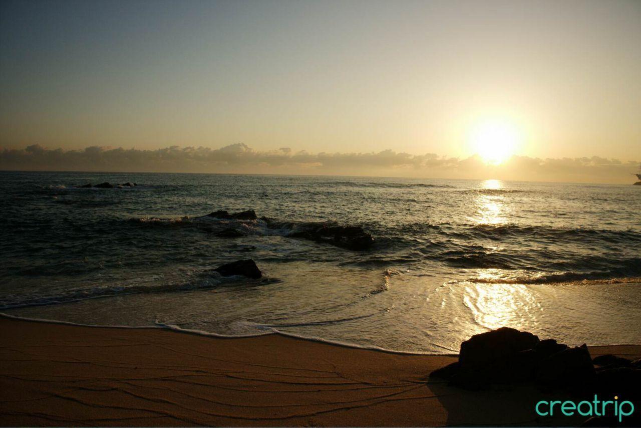 正東津海灘的日出景色，陽光映照在海上，海浪拍打沙灘。