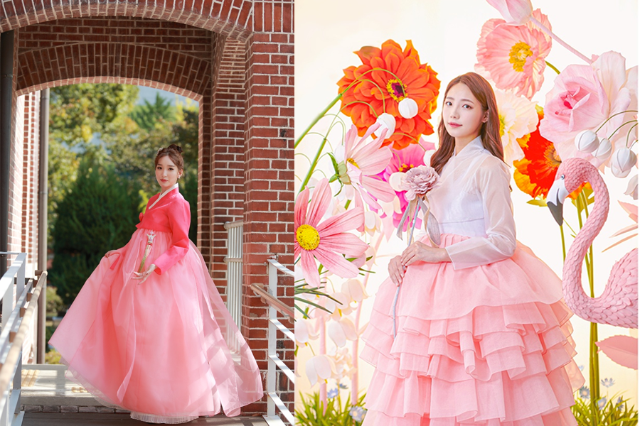 臺灣顧客服務釜山甘川洞文化村的韓服租借，展示韓服細節和華麗造型背景，推薦體驗韓服魅力。