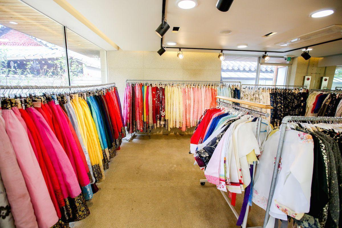 Hanbok on display at Hanboknam in Jeonju, depicting vibrant and exquisite traditional Korean dresses for rental.