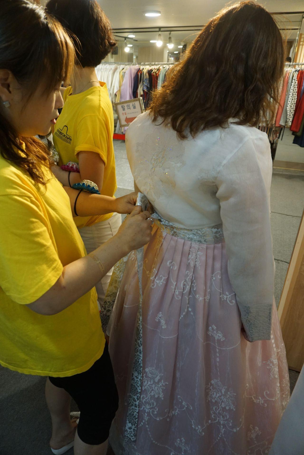 Detailed shot of Hanbok skirts at Hanboknam, demonstrating the intricate designs of traditional Korean attire.