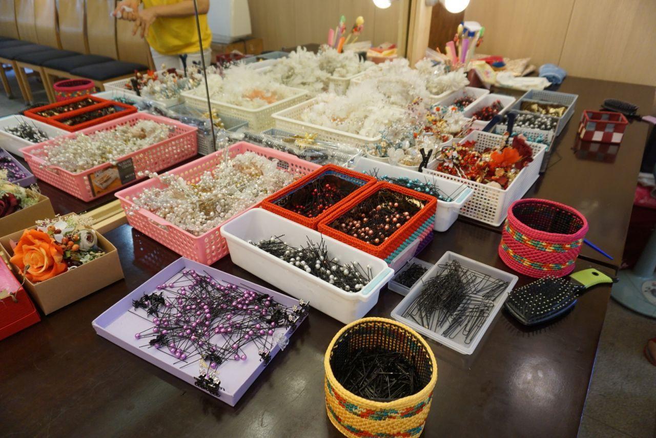Beautiful array of hair accessories and pins at Hanboknam, offering a complete Hanbok experience in Jeonju.