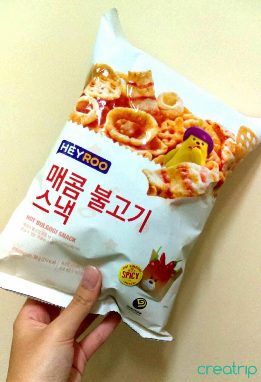Spicy bulgogi snack packaging from CU convenience store with cartoon illustrations