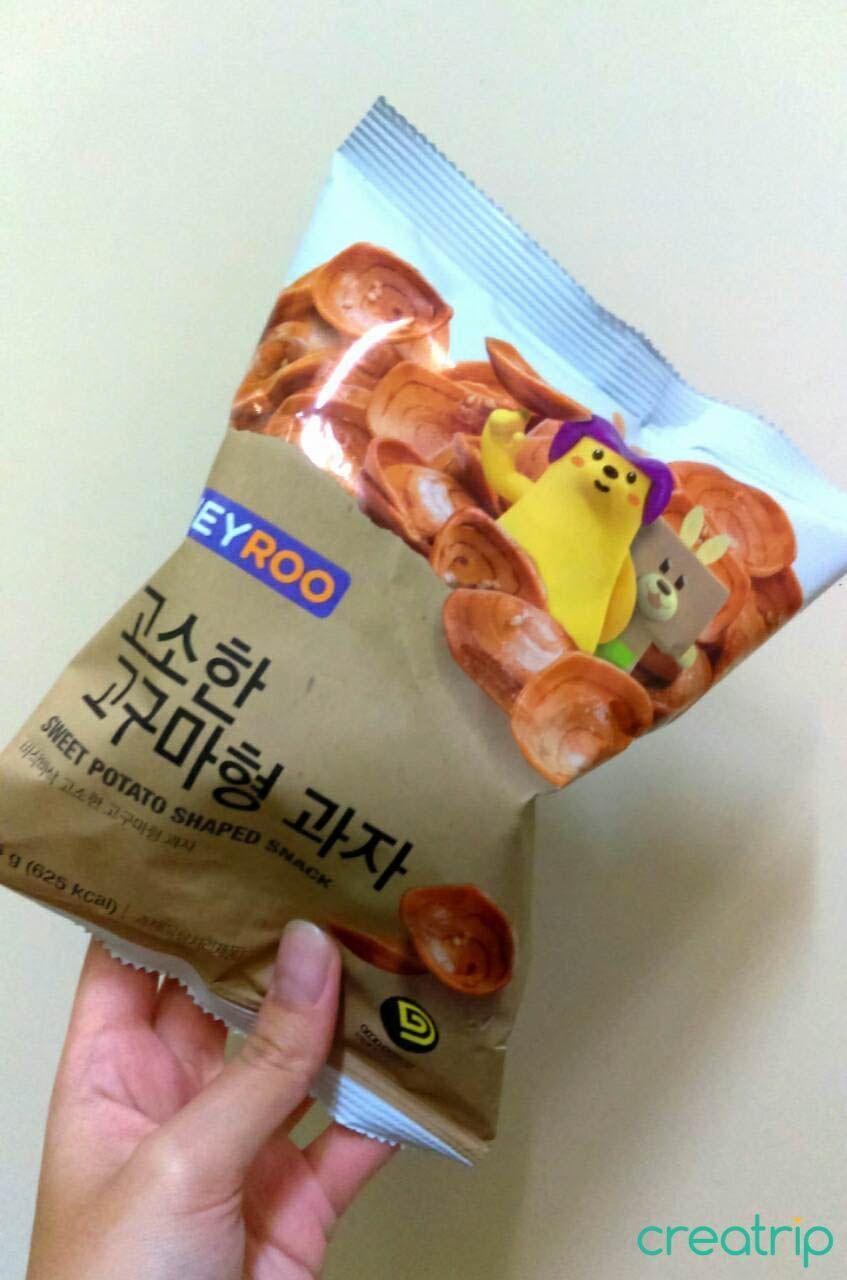 Korean sweet potato snack packaging with cartoon illustrations from CU convenience store