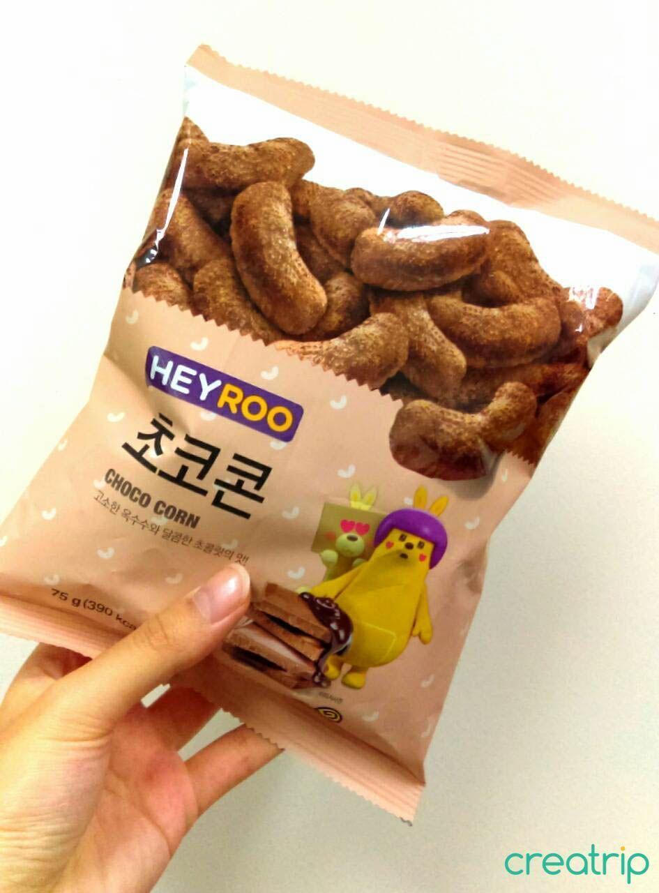 CU chocolate corn snack packaging with cartoon illustrations, Korean convenience store product