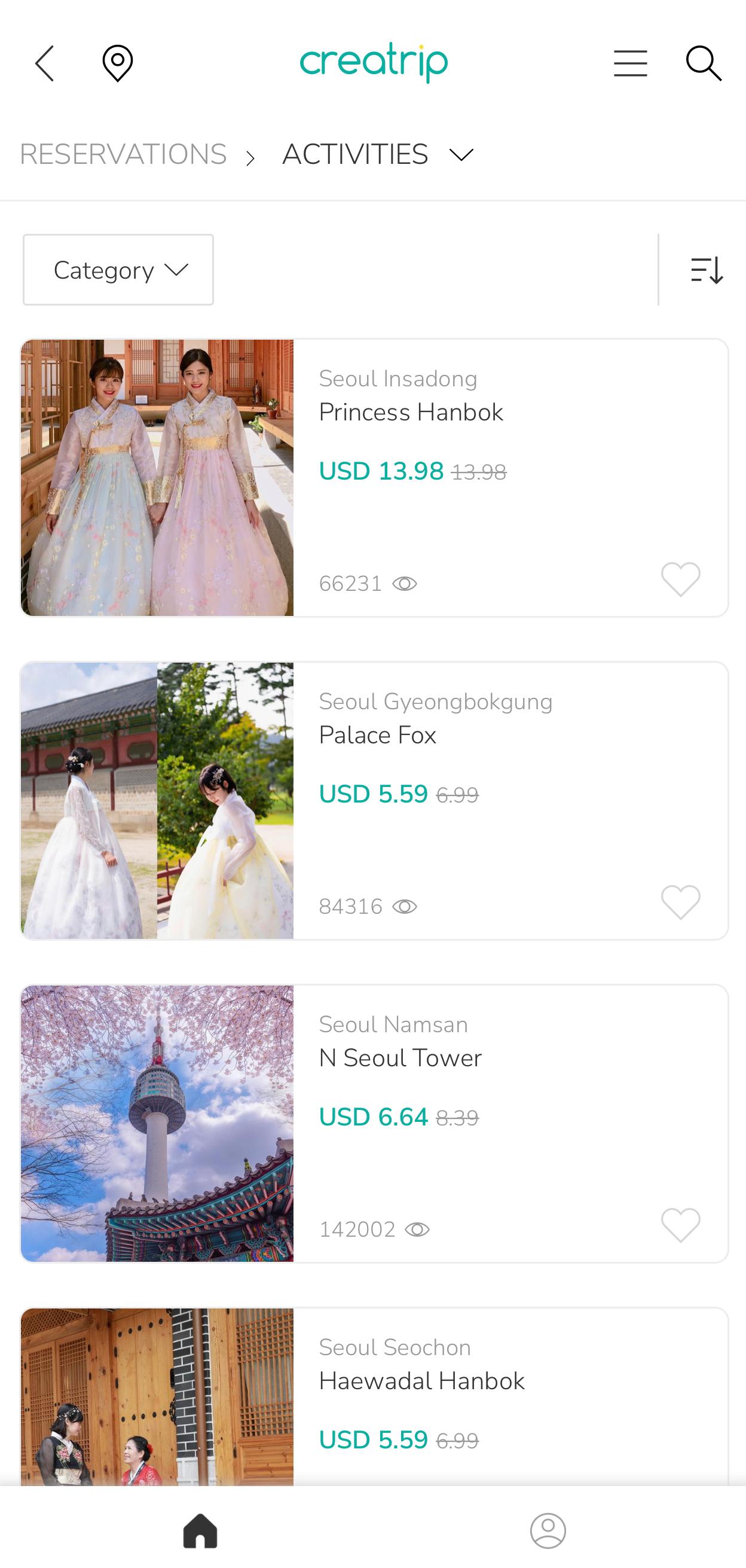 รายละเอียดการจองกิจกรรมต่าง ๆ เช่น การเช่าชุดฮันบก การเข้าชม N Seoul Tower บนแอป Creatrip 