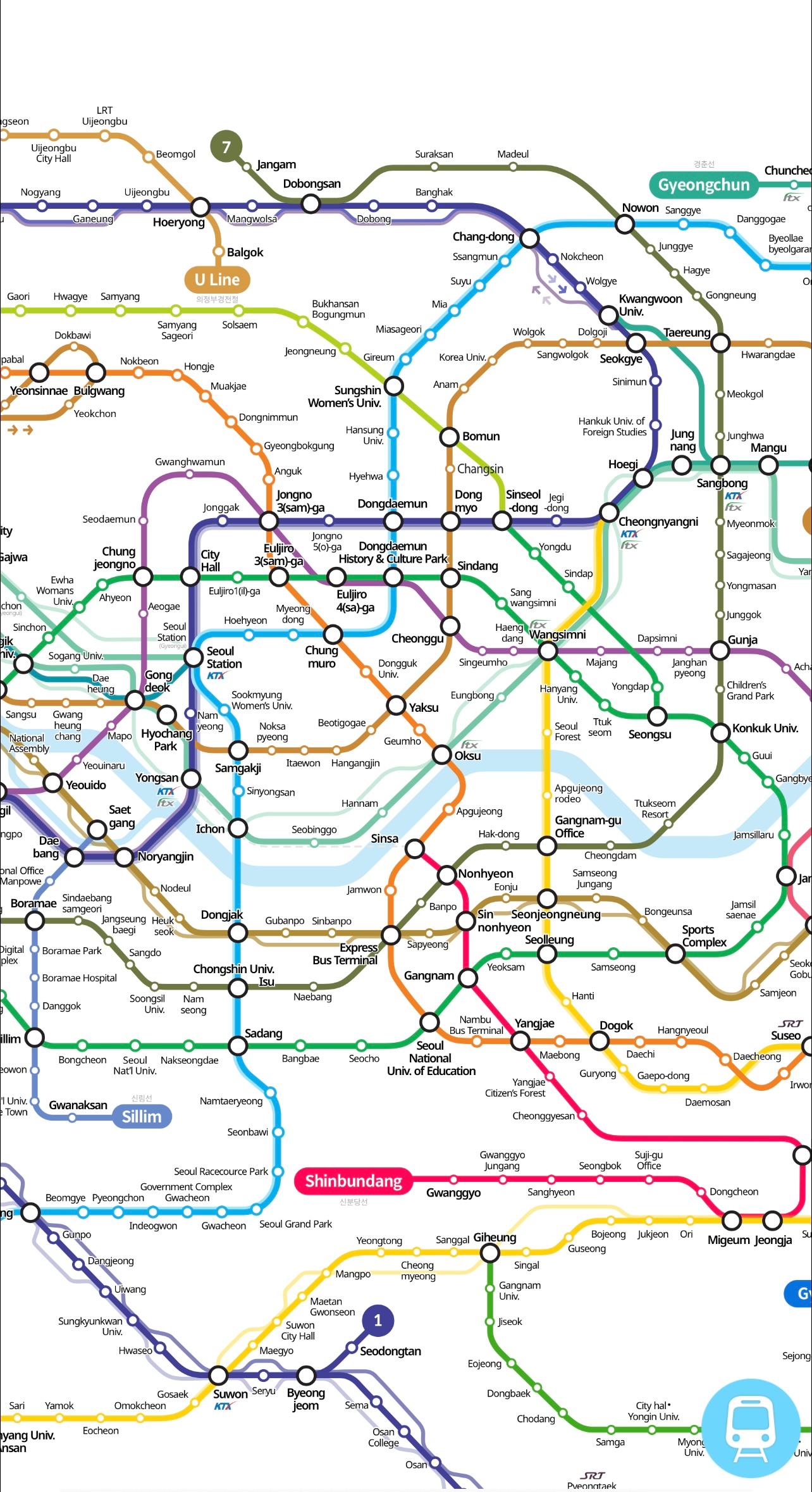 ภาพหน้าจอแผนที่ระบบรถไฟใต้ดินเกาหลีในแอป Subway Korea 