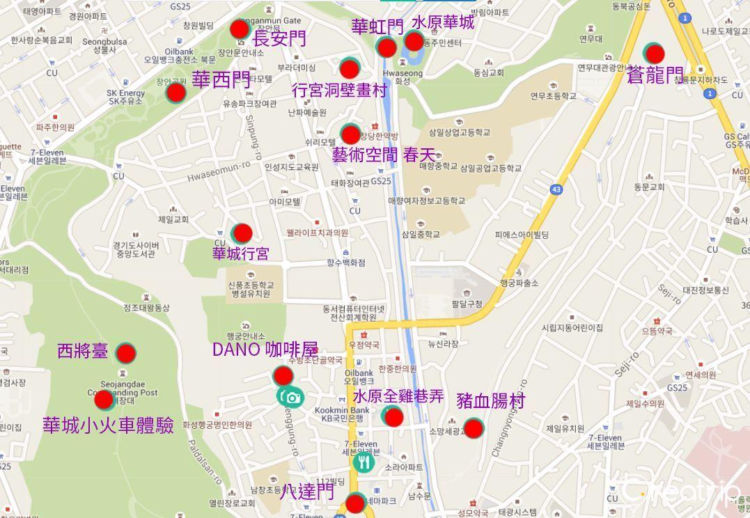 水原市旅遊地圖上的主要景點和美食位置標示，於地圖上用紅色圓圈標示出各個景點的具體位置。