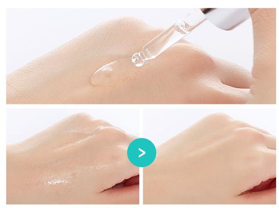 Application of A'PIEU Madecassoside Ampoule on skin, showing its lightweight and non-sticky texture.
