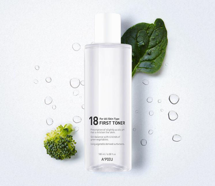 A'PIEU 18 First Toner for all skin types, featuring a pH-balancing formula with green vegetable-derived ingredients.