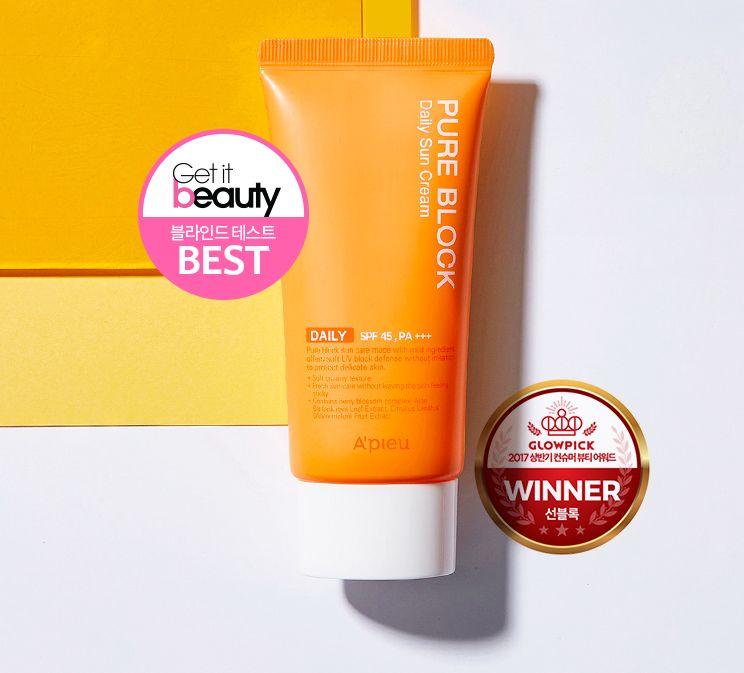 A'PIEU Pure Block Daily Sun Cream SPF 45/PA+++, perfect for daily use without white cast.