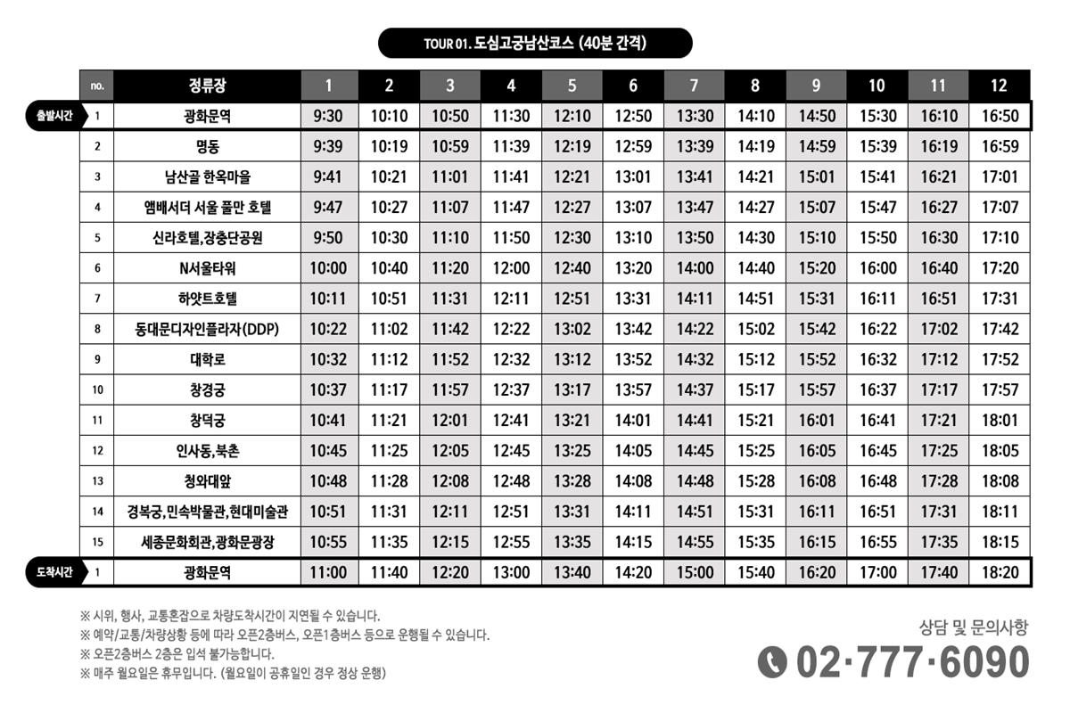 Seoul City Tour Bus Namsan Course timetable, showing various stops and departure times