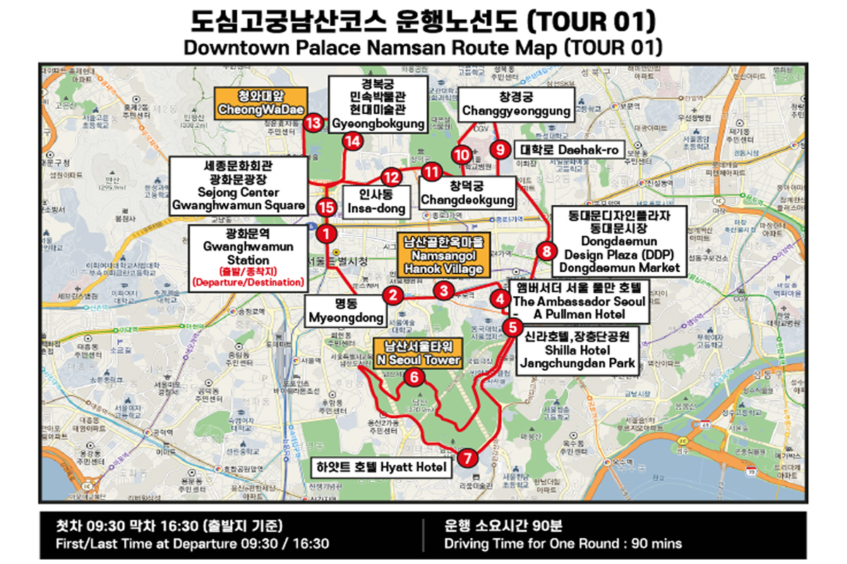 Map of the Downtown Palace Namsan course of the Seoul City Tour Bus, highlighting key stops including Gwanghwamun, Myeongdong, and Namsan Hanok Village