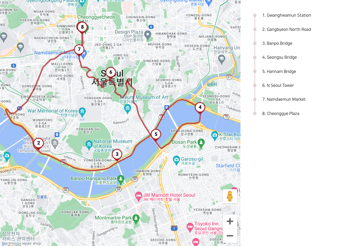 Detailed map of the Night View Course for the Seoul City Tour Bus, covering famous landmarks along the Han River