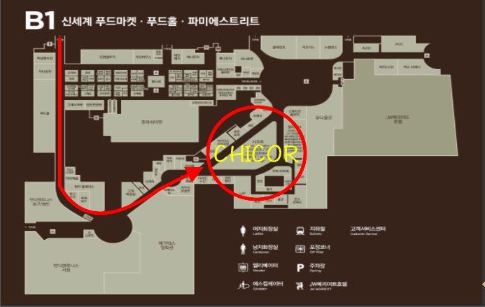 商场店铺地图标识CHICOR位置，引导顾客轻松找到购物目的地。