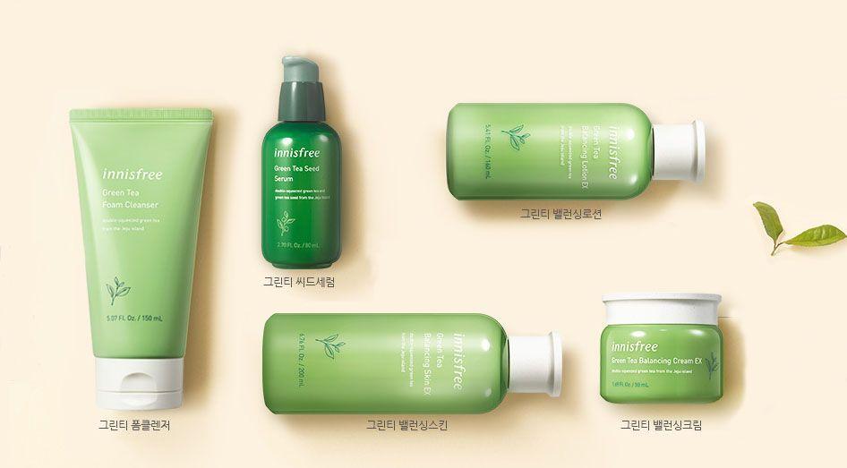Innisfree绿茶系列产品展示，适用于混合性肌肤的保湿和油水平衡。