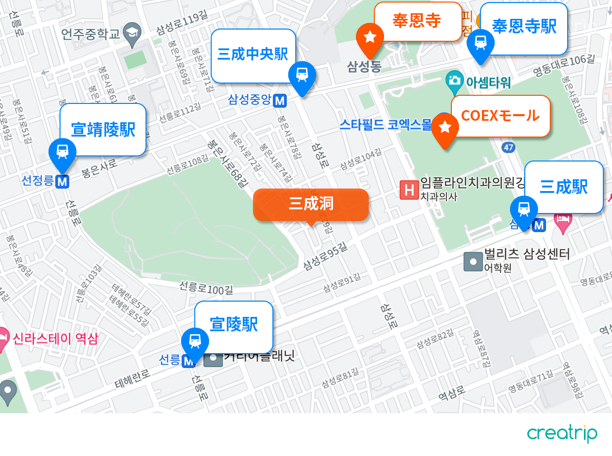 ソウルの三成洞を訪れる旅行者向けの主な観光スポットの地図