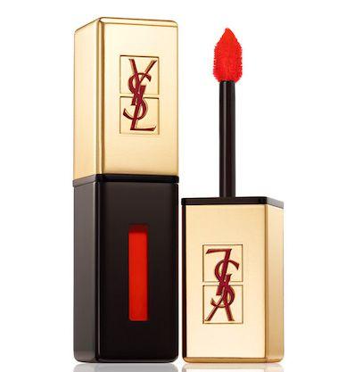 YSL奢華鏡光唇釉8號展示，金色包裝配上鮮艷橘色，韓國女性喜愛的色彩選擇之一，包裝與顏色的完美結合。