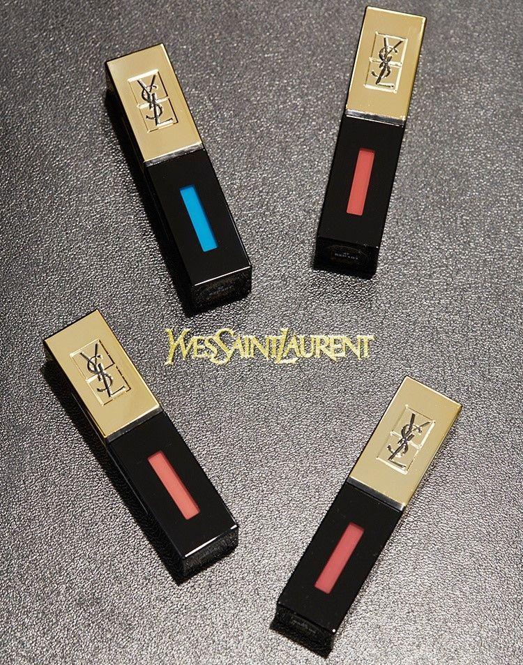 YSL奢華緞面鏡光唇釉，展示時尚金屬包裝與專屬色調，YSL品牌五個唇釉的組合圖，適合混搭不同風格。