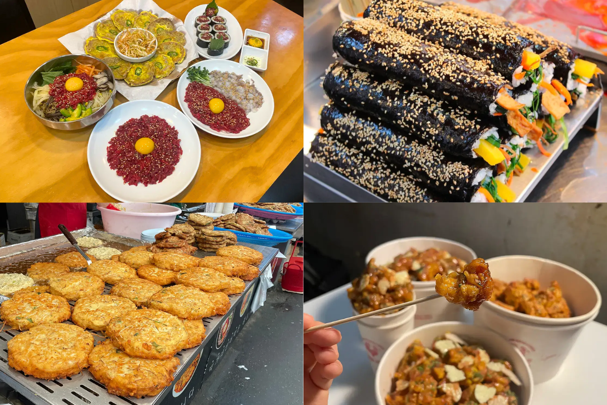 廣藏市場的多樣美食拼盤,包括生拌牛肉拌飯、炸茸球和韓式紫菜包飯,是韓國傳統美食的集中體現。