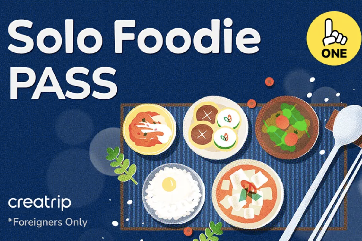 Illustration displaying various Korean dishes, representing the Creatrip Solo Foodie Pass for tourists to enjoy single dining in Korea.