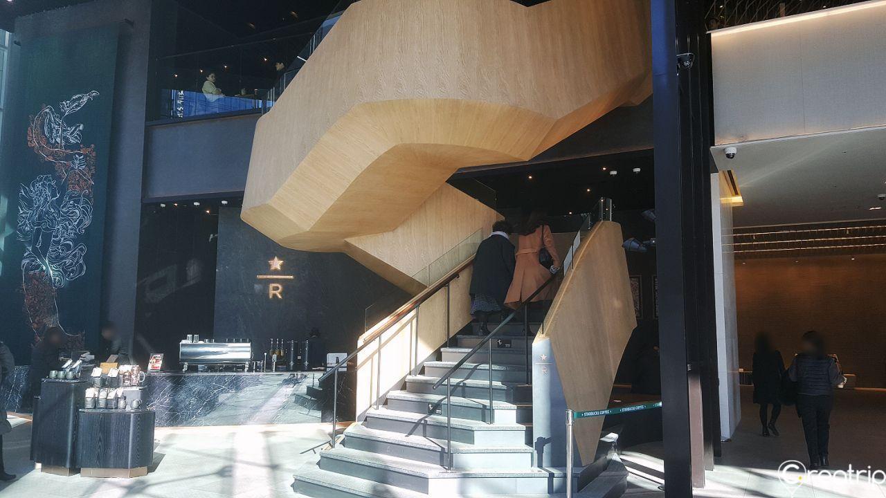 從樓上向下看星巴克The鐘路店，結構宏偉，視野開闊。