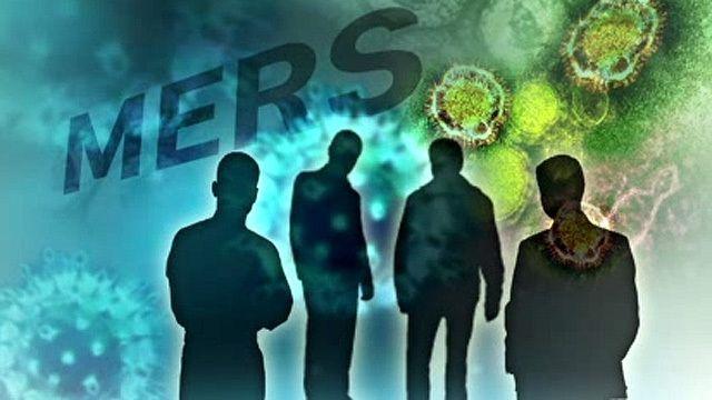 Digital artwork representing the MERS outbreak with silhouettes and virus graphics in the background, highlighting public health challenges in Korea.