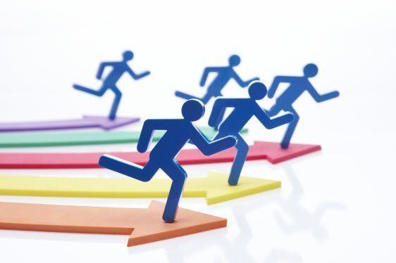 Colorful arrow graphics with silhouettes of people running, representing the intense competition for success in career and life in Korea.