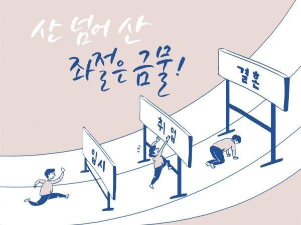 A step illustration depicting the stages from education to employment and marriage, symbolizing the challenges faced by young Koreans in achieving traditional milestones.