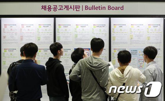 A group of young individuals examining job listings on a bulletin board, depicting the job-seeking challenges faced by Korean youth.