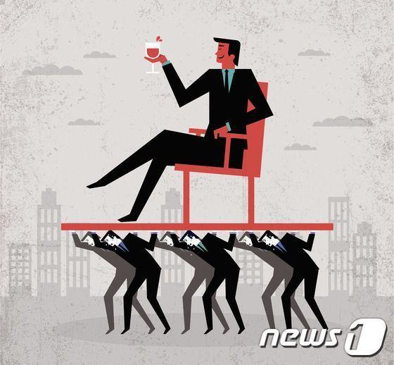 An illustration showing a man in a suit relaxing on a chair being carried by workers below, symbolizing the power dynamics and competition in the Korean workforce.