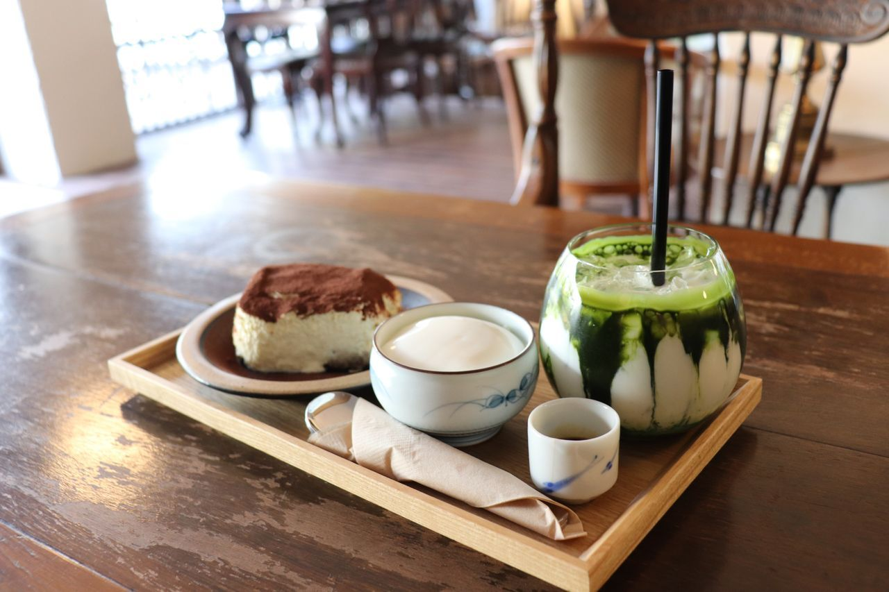 Dessert and drinks including tiramisu and matcha at Gabaedo Samcheongdong café