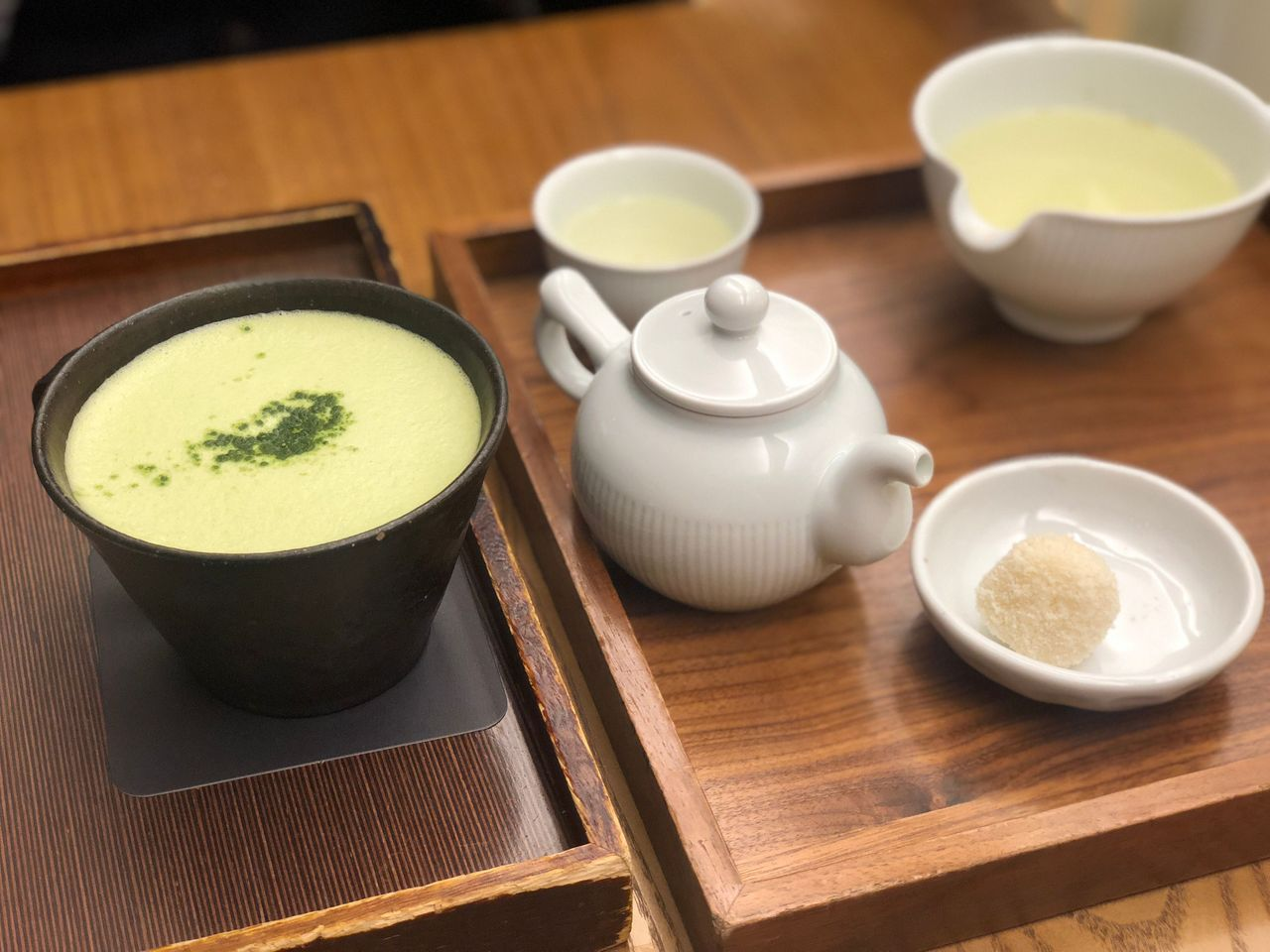 Traditional tea set with matcha latte at O